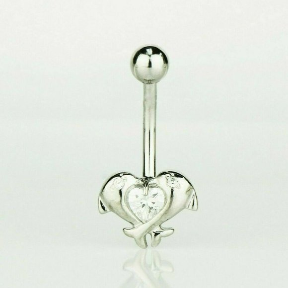 Solid 14k Gold Dolphin Love Belly Button Ball Body Jewelry Piercing with Stone - Picture 4 of 4